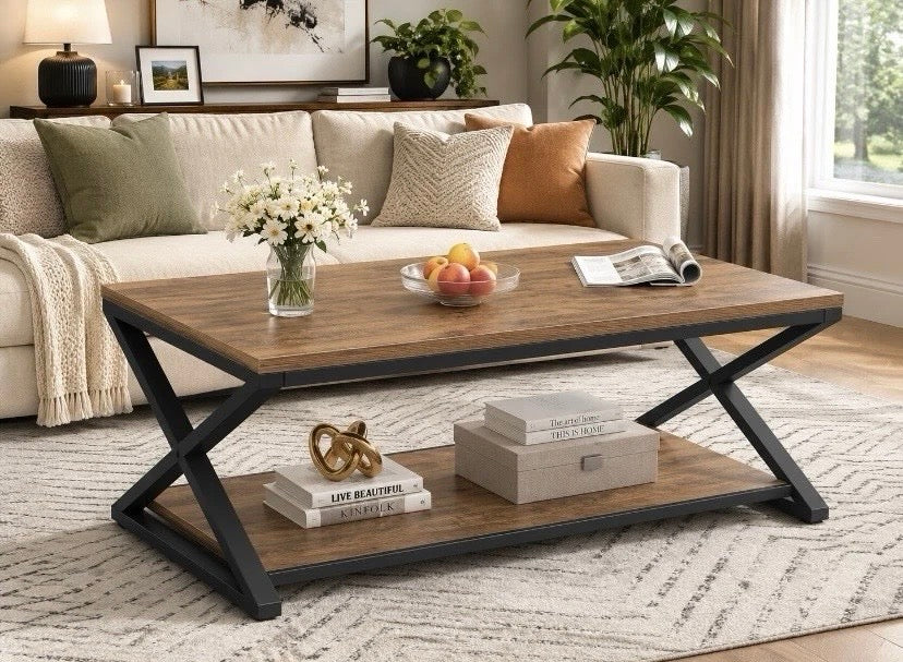 Industrial Coffee Table Oak Effect Wood Metal Frame 2 Tier Storage Shelf