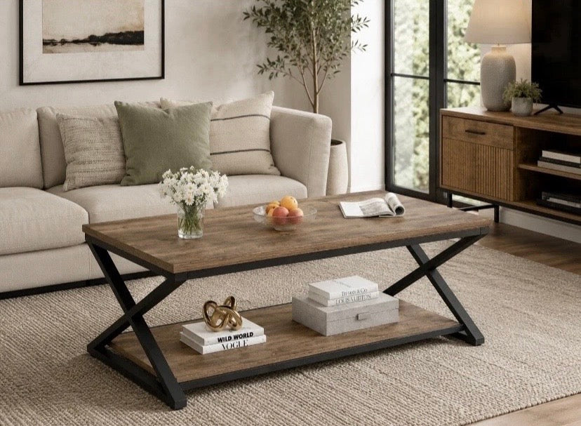 Industrial Coffee Table Oak Effect Wood Metal Frame 2 Tier Storage Shelf