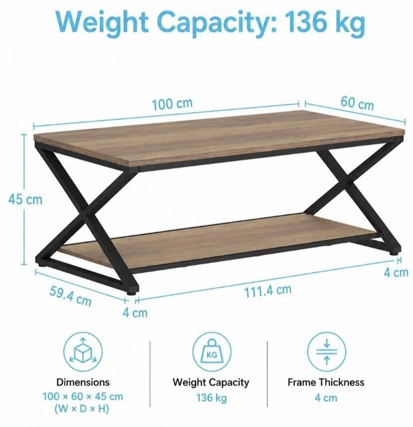 Industrial Coffee Table Oak Effect Wood Metal Frame 2 Tier Storage Shelf