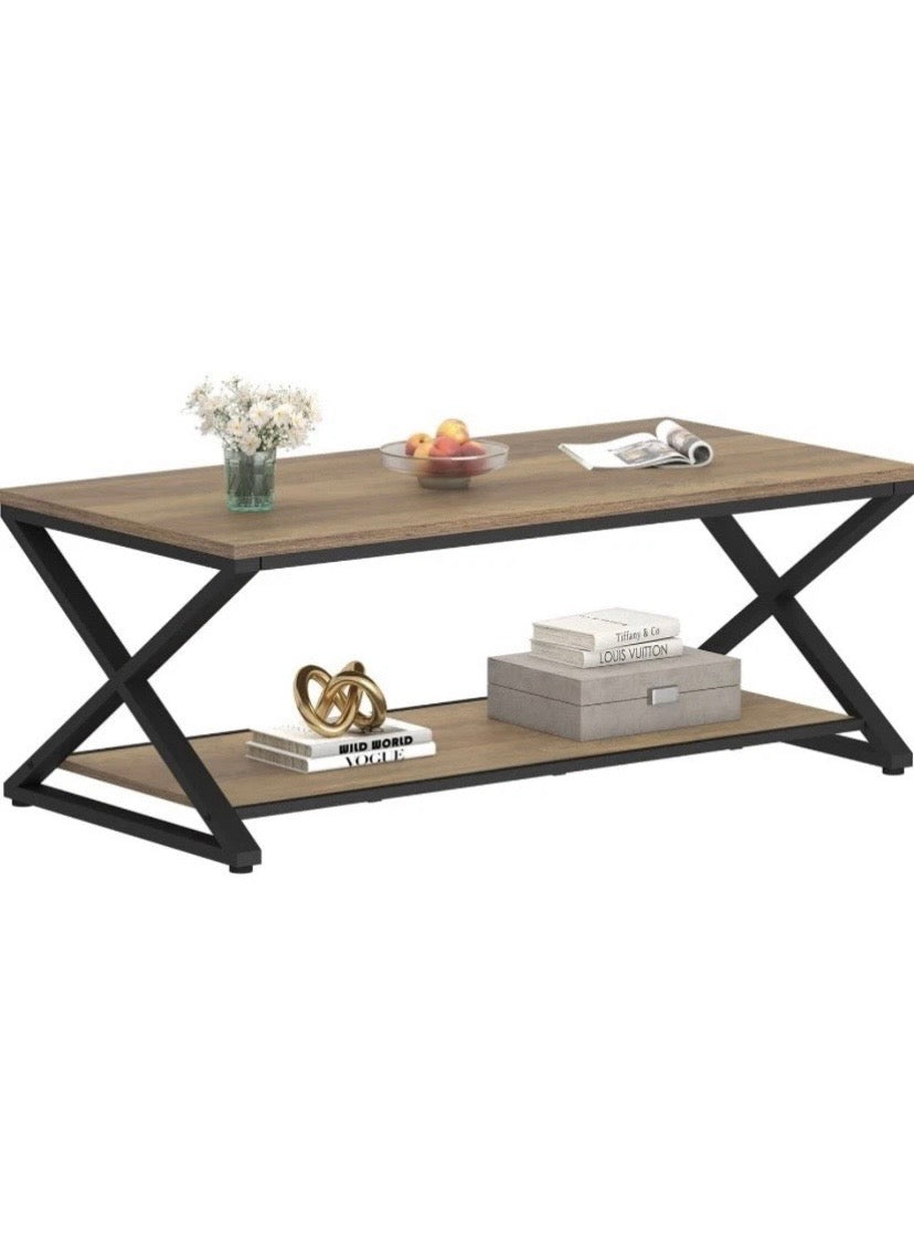 Industrial Coffee Table Oak Effect Wood Metal Frame 2 Tier Storage Shelf