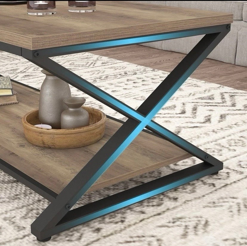 Industrial Coffee Table Oak Effect Wood Metal Frame 2 Tier Storage Shelf