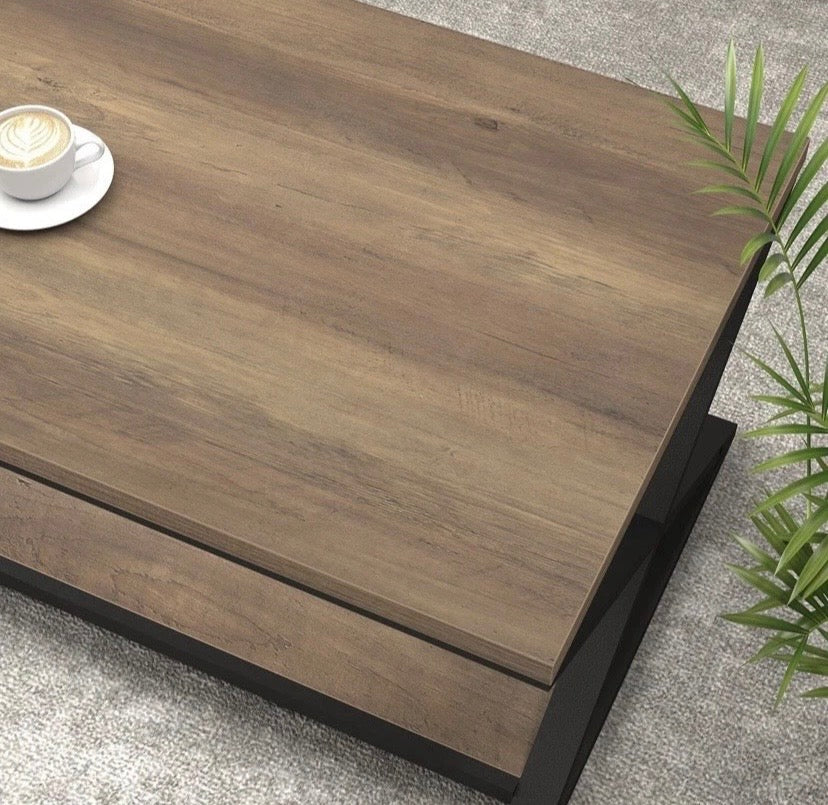 Industrial Coffee Table Oak Effect Wood Metal Frame 2 Tier Storage Shelf