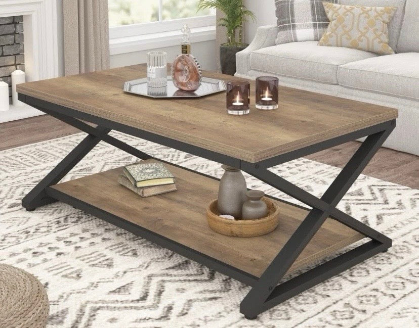 Industrial Coffee Table Oak Effect Wood Metal Frame 2 Tier Storage Shelf