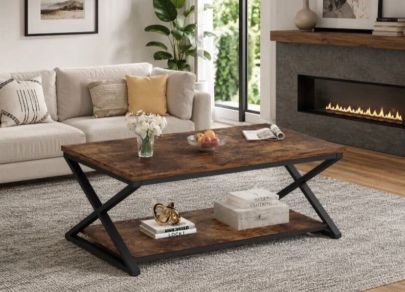 Rustic Coffee Table 2 Tier Storage Shelf Industrial Wood Metal Frame 120cm