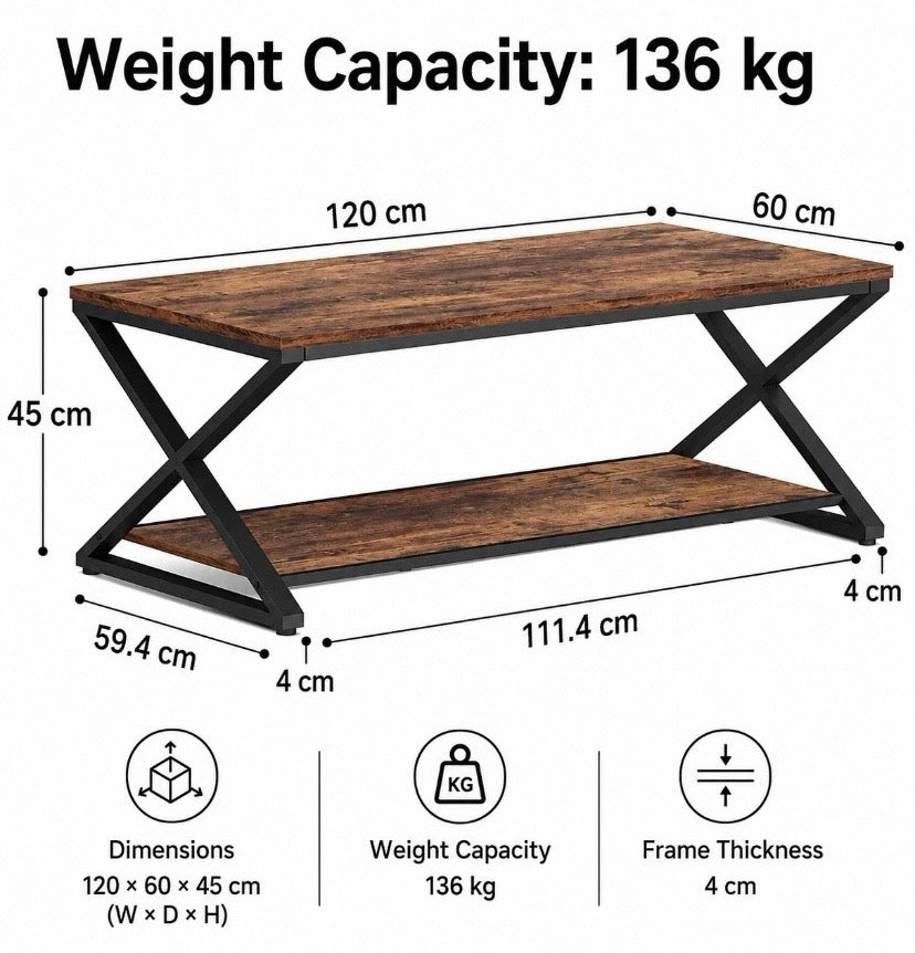 Rustic Coffee Table 2 Tier Storage Shelf Industrial Wood Metal Frame 120cm
