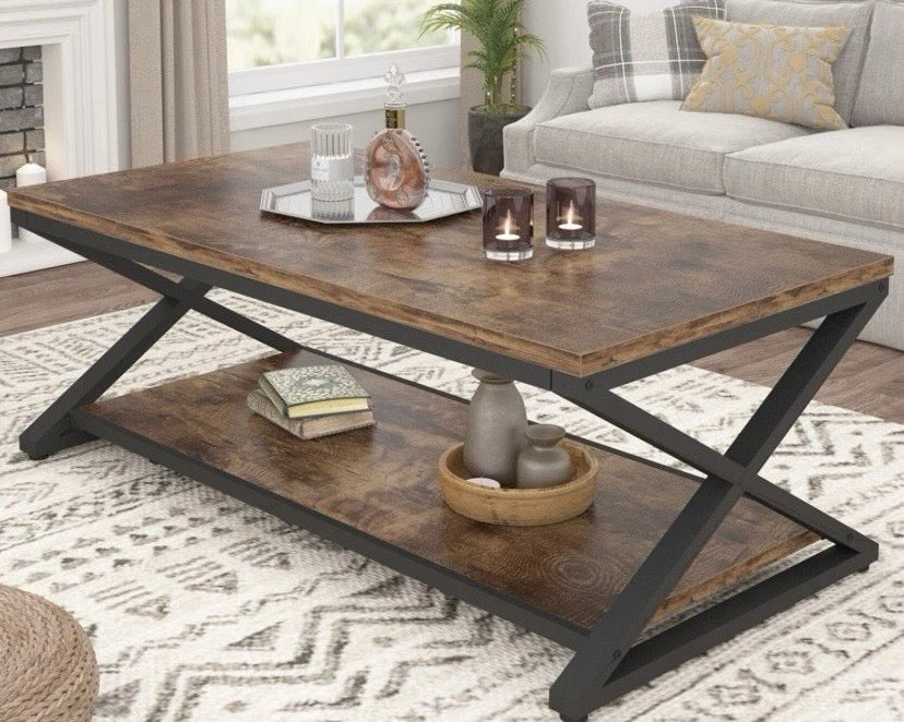 Rustic Coffee Table 2 Tier Storage Shelf Industrial Wood Metal Frame 120cm