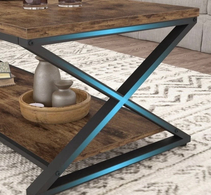 Rustic Coffee Table 2 Tier Storage Shelf Industrial Wood Metal Frame 120cm