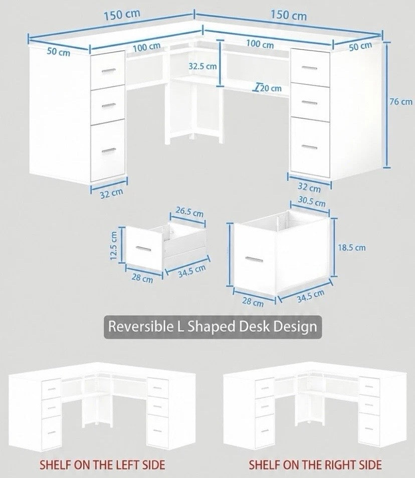 White Reversible L-Shaped Corner Desk 3 Drawer Home Office Workstation 150cm
