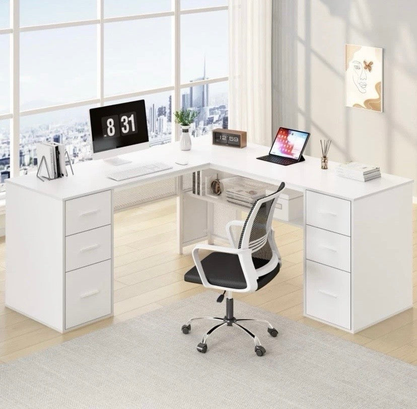 White Reversible L-Shaped Corner Desk 3 Drawer Home Office Workstation 150cm