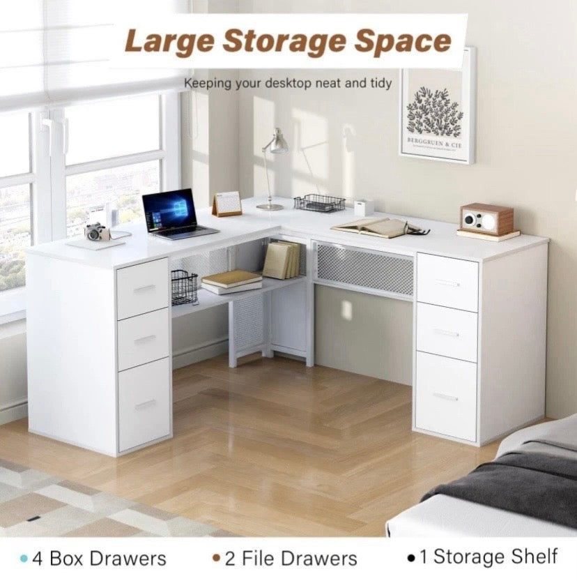White Reversible L-Shaped Corner Desk 3 Drawer Home Office Workstation 150cm