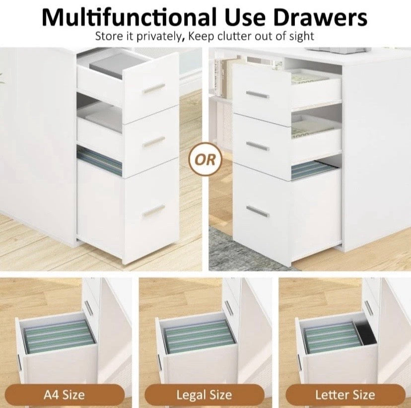 White Reversible L-Shaped Corner Desk 3 Drawer Home Office Workstation 150cm