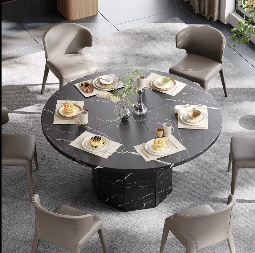 Round black marble-effect dining table with split pedestal base for 4 to 6