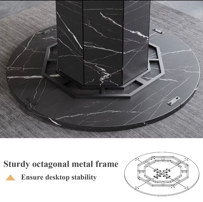 Black marble-effect round dining table base with octagonal metal frame