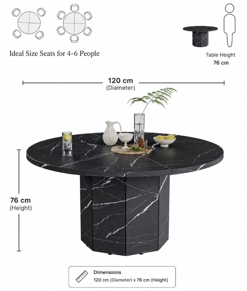 Round black dining table with marble-effect finish, 120 cm diameter