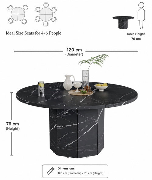 Round black dining table with marble-effect finish, 120 cm diameter