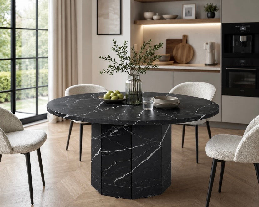 Black marble-effect round dining table with pedestal base, 120 cm