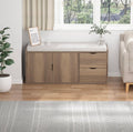 Wooden storage bench ottoman with cushion top and two cabinet doors plus drawer storage
