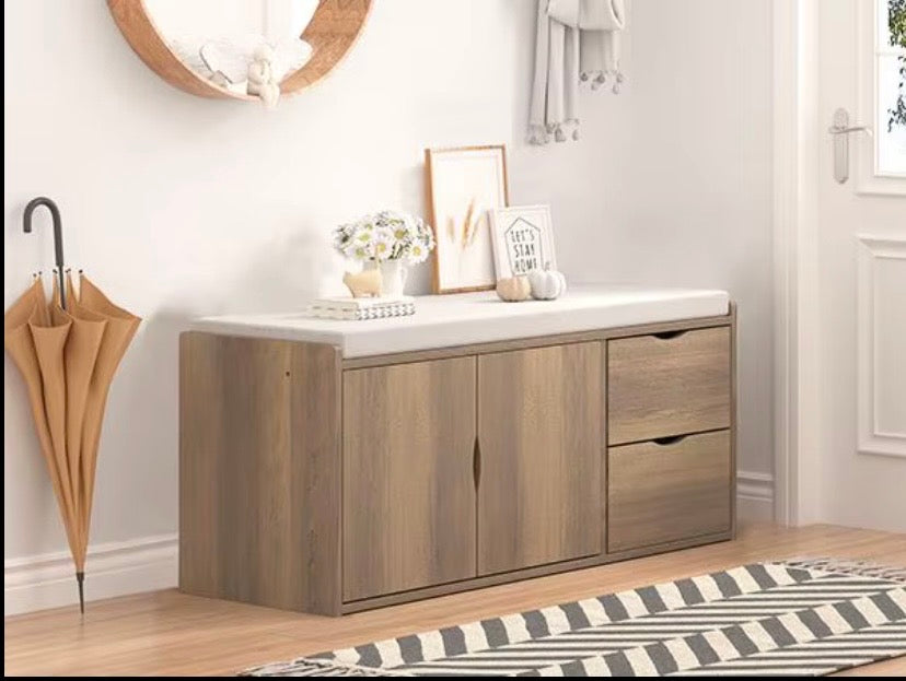 Wood storage bench ottoman with cushion top, cabinet doors, and side drawer storage