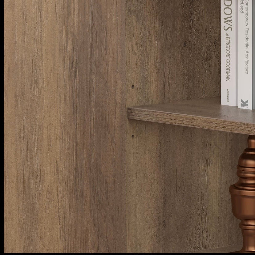 Close-up of wood cabinet interior shelf inside the storage bench