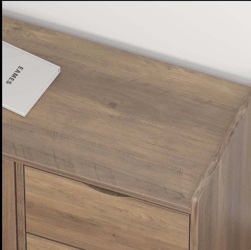 Wood storage bench ottoman with visible wood grain on the top and front panel