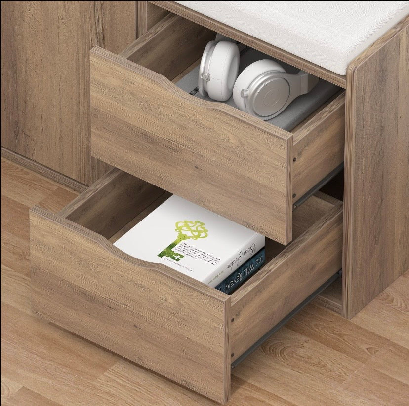 Storage bench ottoman with open drawers showing small items inside