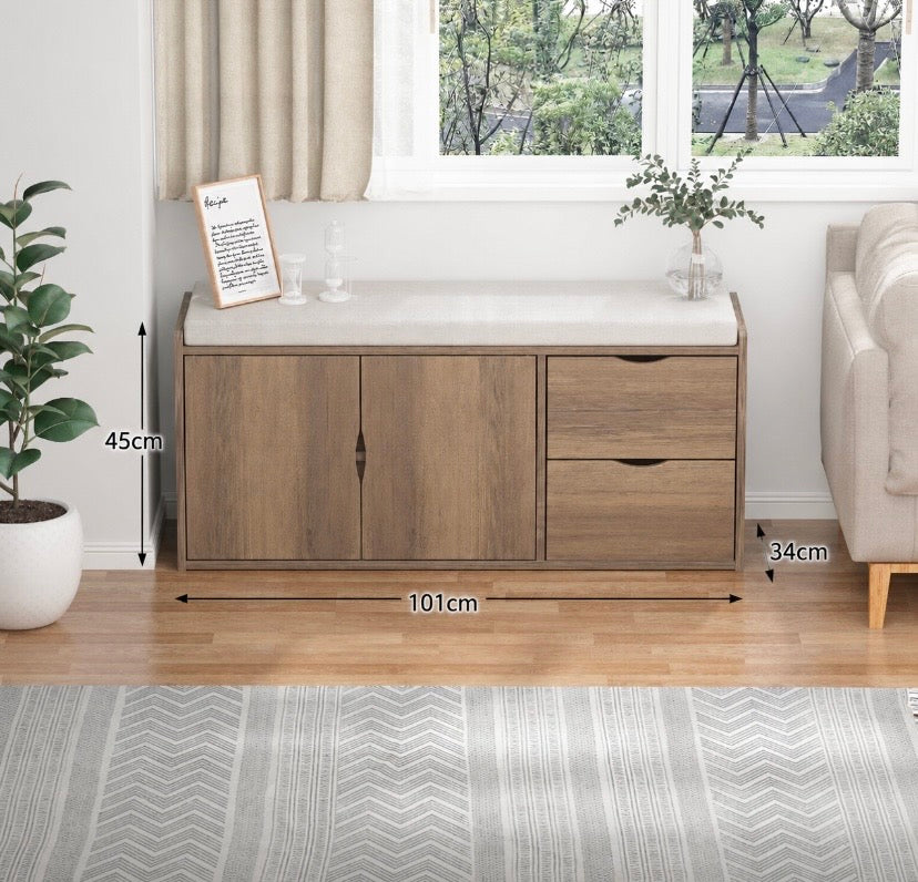 Wood storage bench ottoman with cushion top, three-door layout and drawer storage; dimensions shown