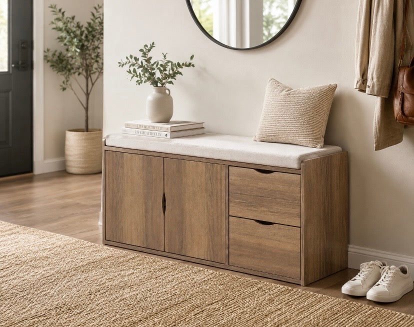 Wood storage bench ottoman with cushion top, cabinet doors, and drawer for hallway use
