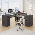 L-shaped corner computer desk with multiple drawers and open storage shelves