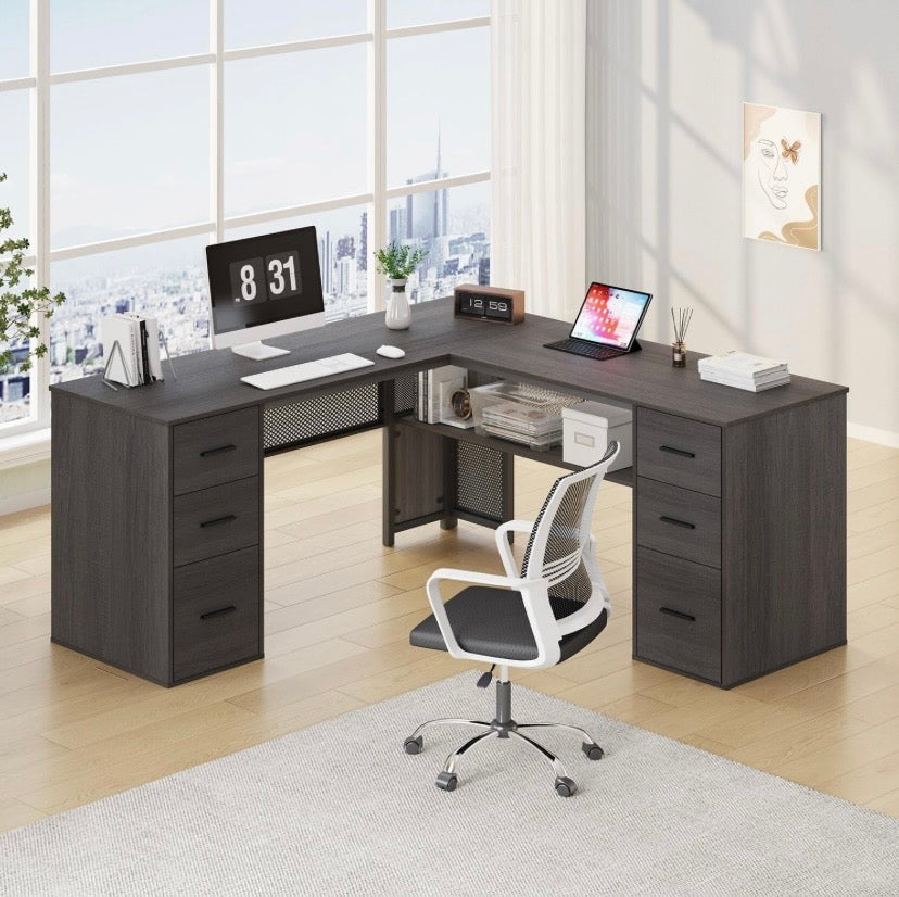 L-shaped corner computer desk with multiple drawers and open storage shelves