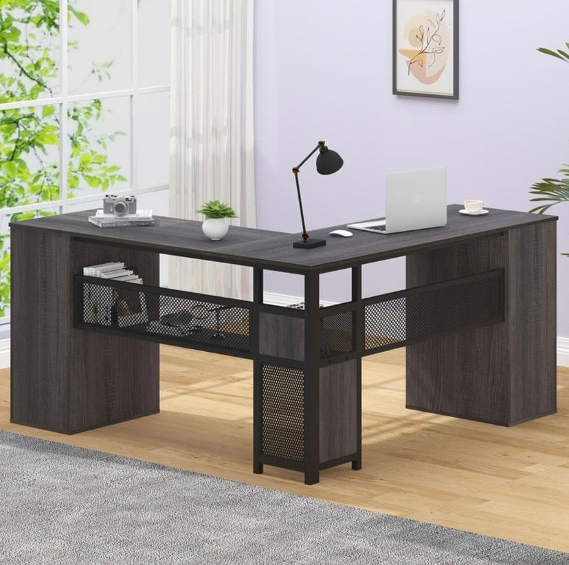 L-shaped corner desk with wide tabletop and mesh-front storage shelves