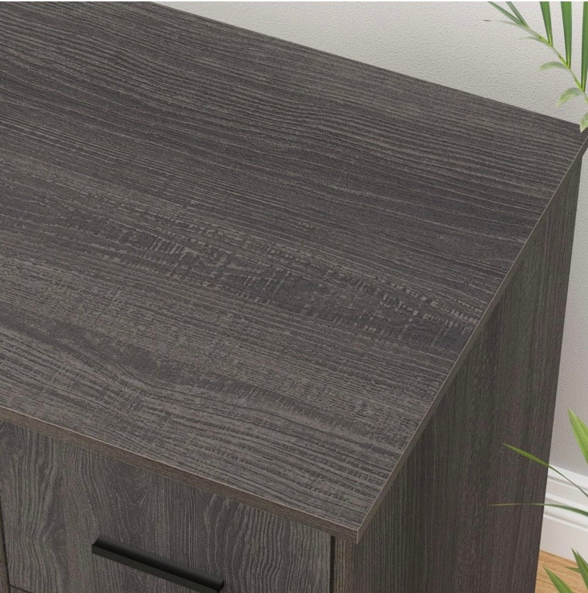 Dark woodgrain desktop corner panel and side frame detail