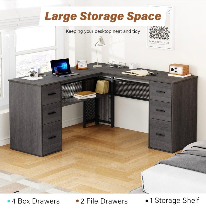 L-shaped corner workstation desk with drawers and storage shelf for office items
