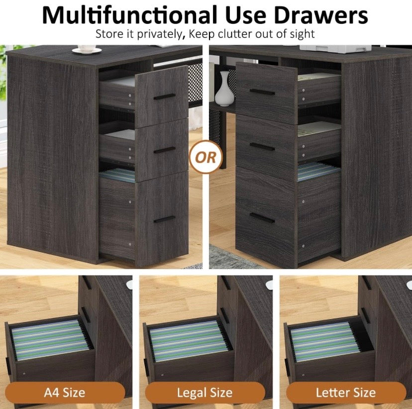 Desk drawers with mesh interior storage and open shelving compartments