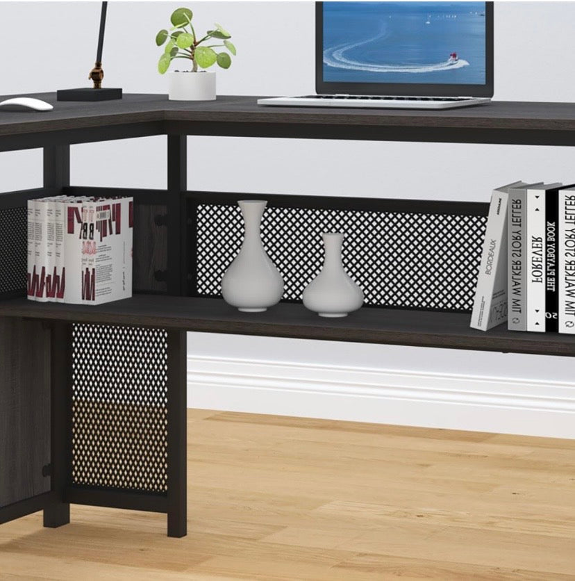 Corner desk shelf with mesh panel and small items displayed