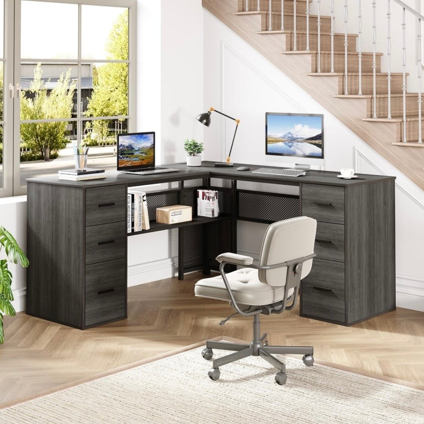 L-shaped corner computer desk with drawers and mesh storage, plus swivel chair