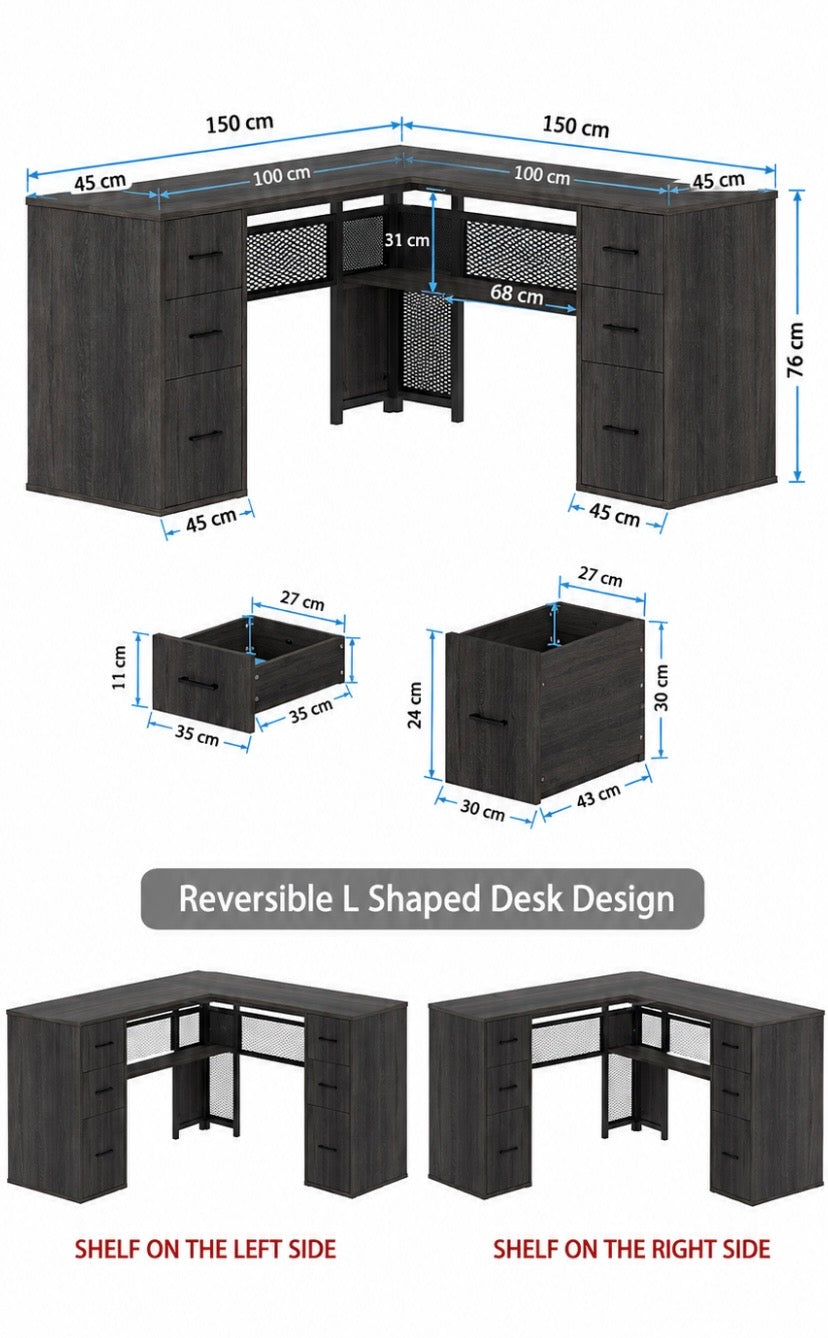 L-shaped desk dimensions diagram with corner storage and drawer layout