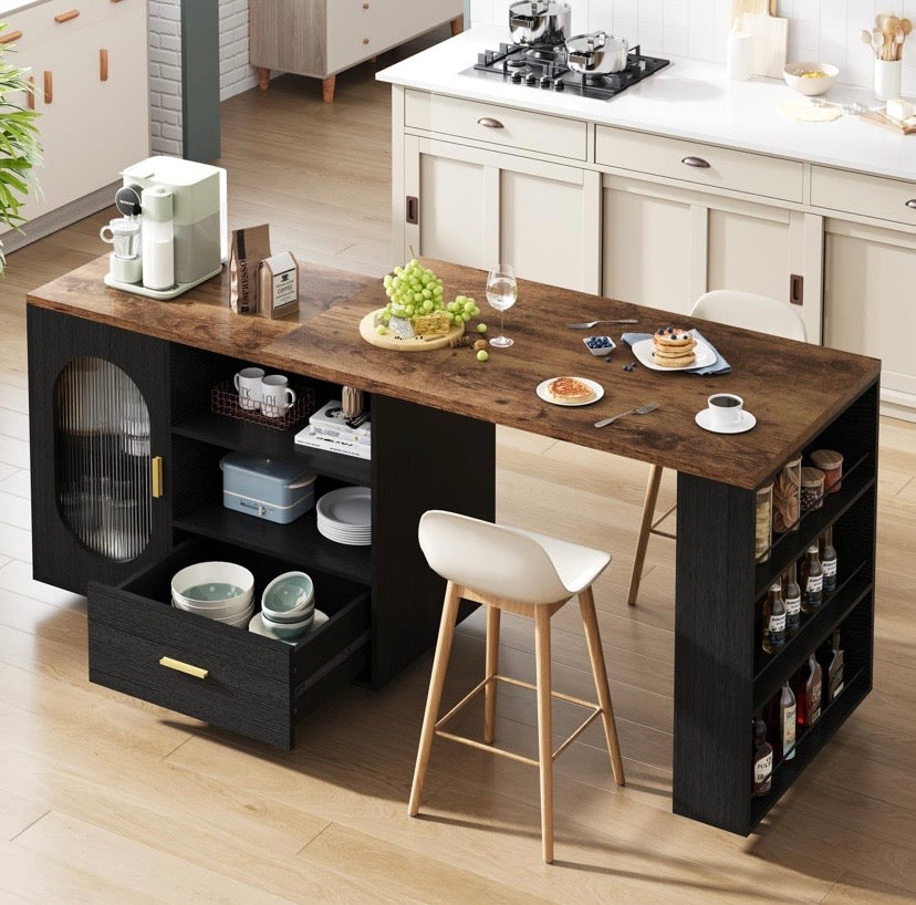 Rustic kitchen island breakfast bar with oak top, black cabinets, drawer, and open shelves