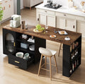 Rustic kitchen island breakfast bar with oak top, black cabinets, drawer, and open shelves