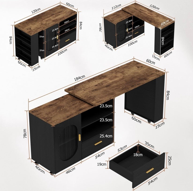Rustic kitchen island storage cabinet with oak tabletop, black compartments, and side shelf