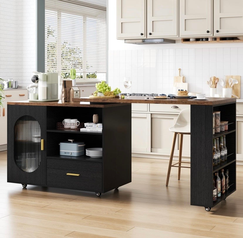 Rustic kitchen island with oak top, black cabinet, drawer front, and open storage shelves
