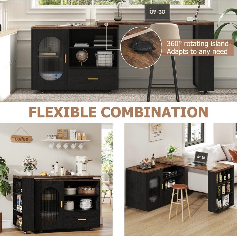 Rustic kitchen island with oak tabletop, black cabinet storage, and open side shelving