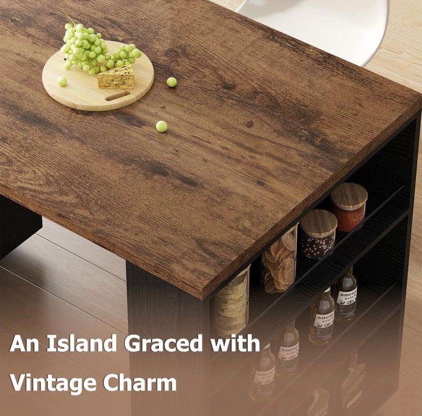 Oak tabletop kitchen island with black side cubbies for spices and pantry jars