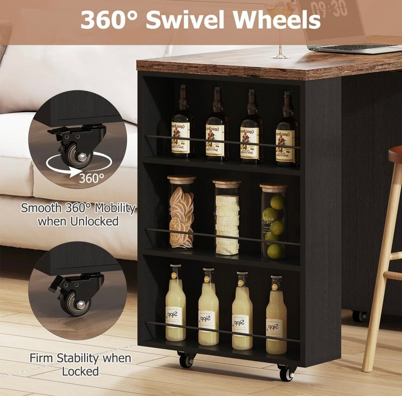 Black kitchen island cabinet with oak top, open shelves, and swiveling wheels