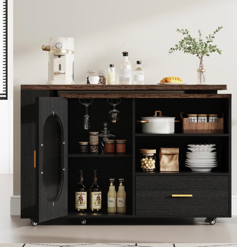 Rustic kitchen island with oak top, black double-door cabinet, drawer, and storage shelves