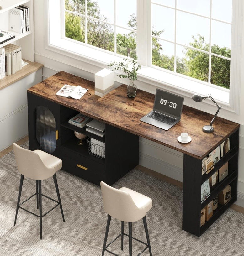 Rustic kitchen island breakfast bar with oak top, black cabinet, drawer, and open side storage