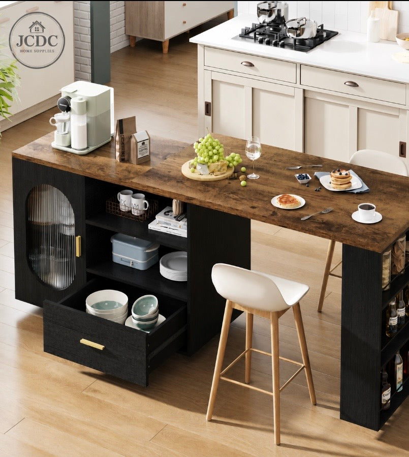 Rustic kitchen island cart with oak top, black cabinets, drawer, and open shelving compartments