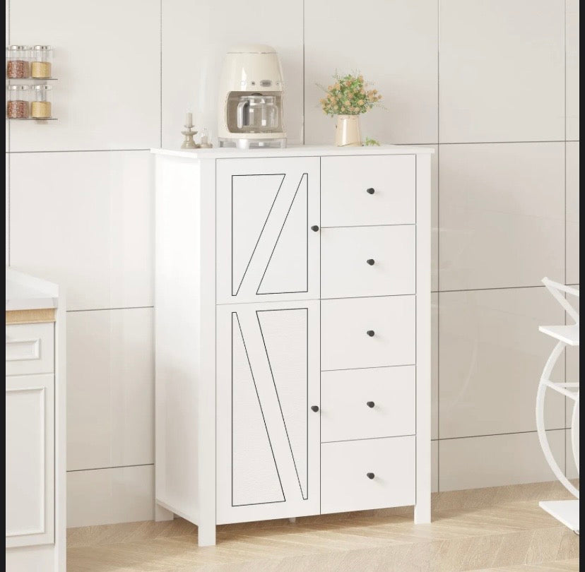 White storage cabinet with two doors and five drawers, plus three internal shelves