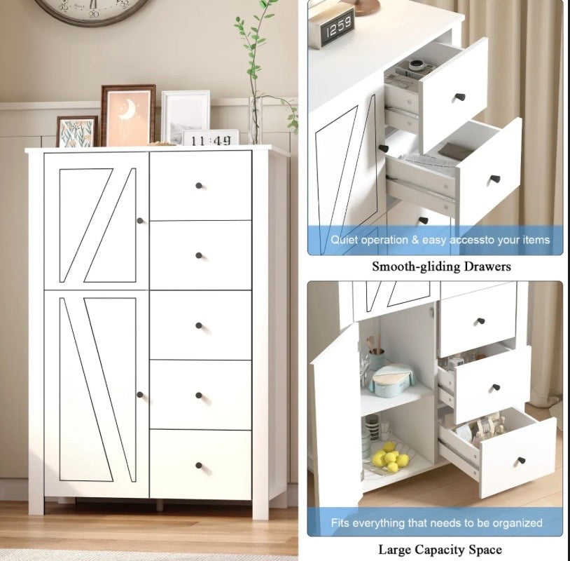 White storage cabinet with open doors and smooth-gliding drawers in front