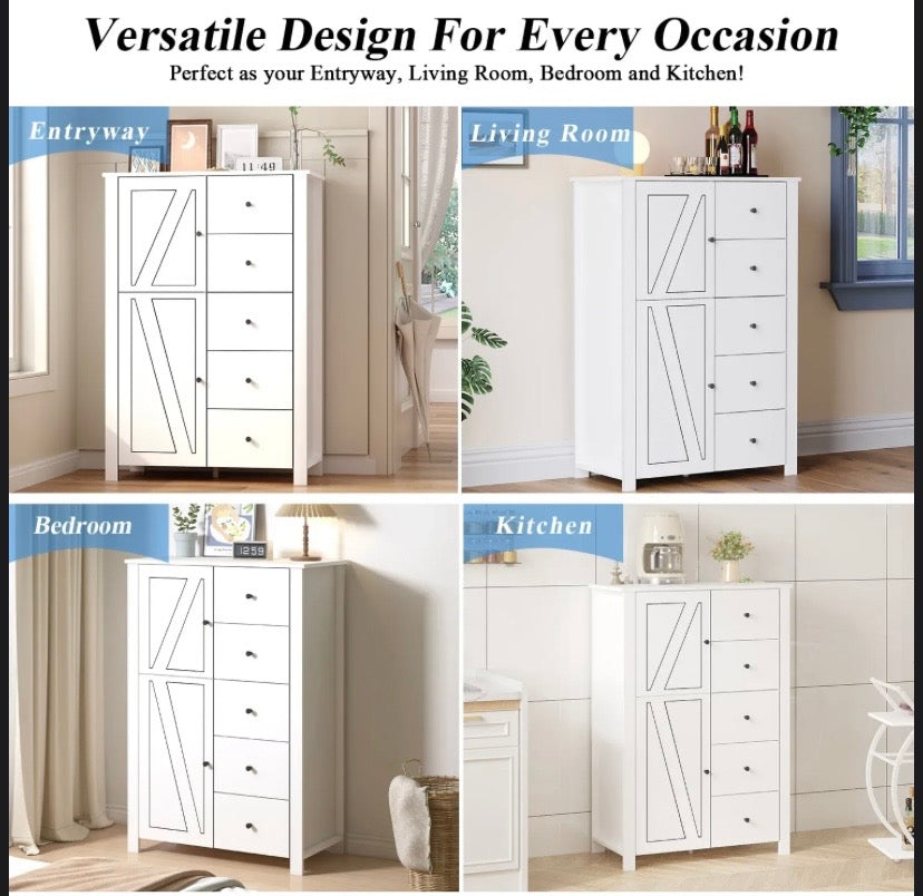 White storage cabinet with two-door cupboard and five stacked drawers for storage