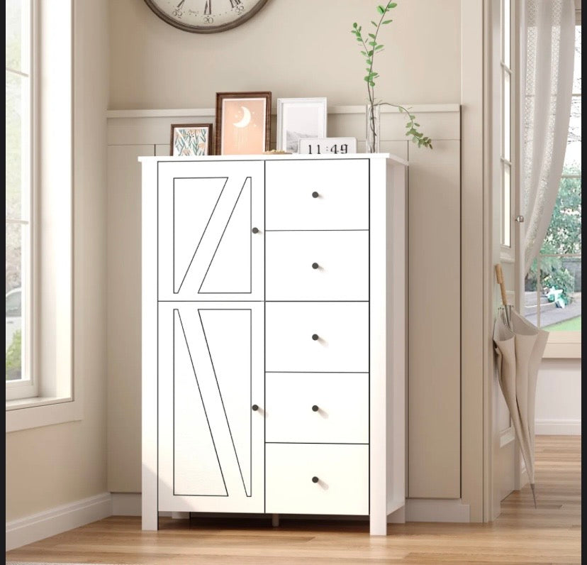White storage cabinet with two doors and five drawers, tall freestanding design